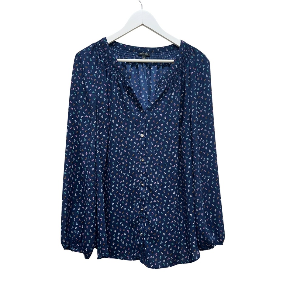 Talbots Womens XL Navy Blue Anchor Print Smocked Neck Button Front Blouse Top